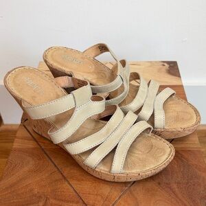 Born Leather Cream Multi-Strap Cork Wedge Sandals, 9- Summer, Spring, Preppy